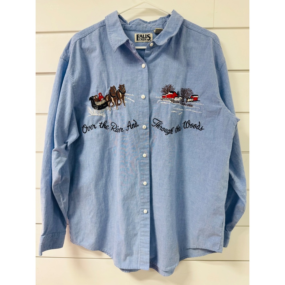 Falls Creek Mens XL Blue Chambray Shirt Winter Sleigh Embroidery Over The River
